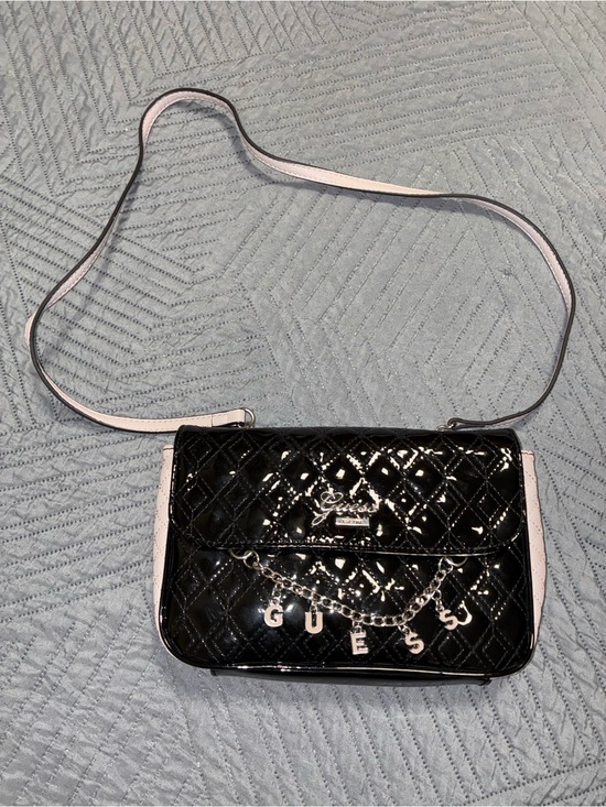 Guess Handbags - GUESS Black Patent Quilted Crossbody with Pale Pink Trim NWOT